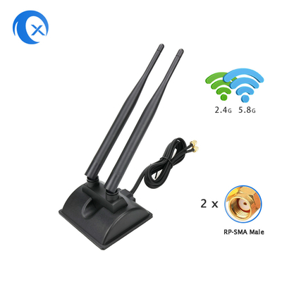 แอนเทนนา WiFi 6dBi พร้อมเครื่องเชื่อม RP-SMA เพศชาย 2.4GHz 5GHz ฐานแม่เหล็กวงจรคู่ สําหรับเครื่องรูเตอร์ไร้สาย PCI-E WiFi