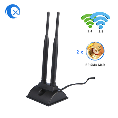 แอนเทนนา WiFi 6dBi พร้อมเครื่องเชื่อม RP-SMA เพศชาย 2.4GHz 5GHz ฐานแม่เหล็กวงจรคู่ สําหรับเครื่องรูเตอร์ไร้สาย PCI-E WiFi
